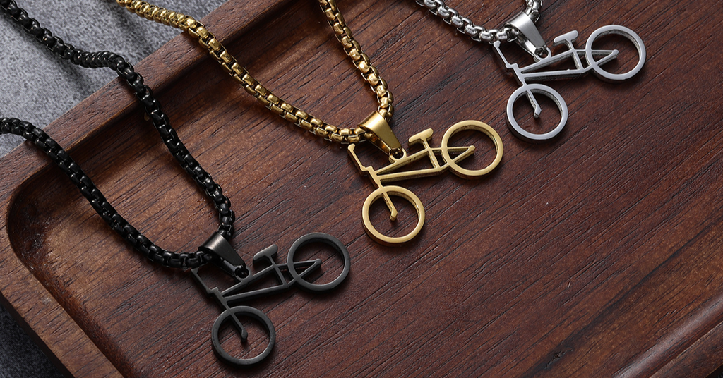Silver, gold, and black BMX necklaces with 4mm stainless steel chains — stylish BMX jewelry for riders