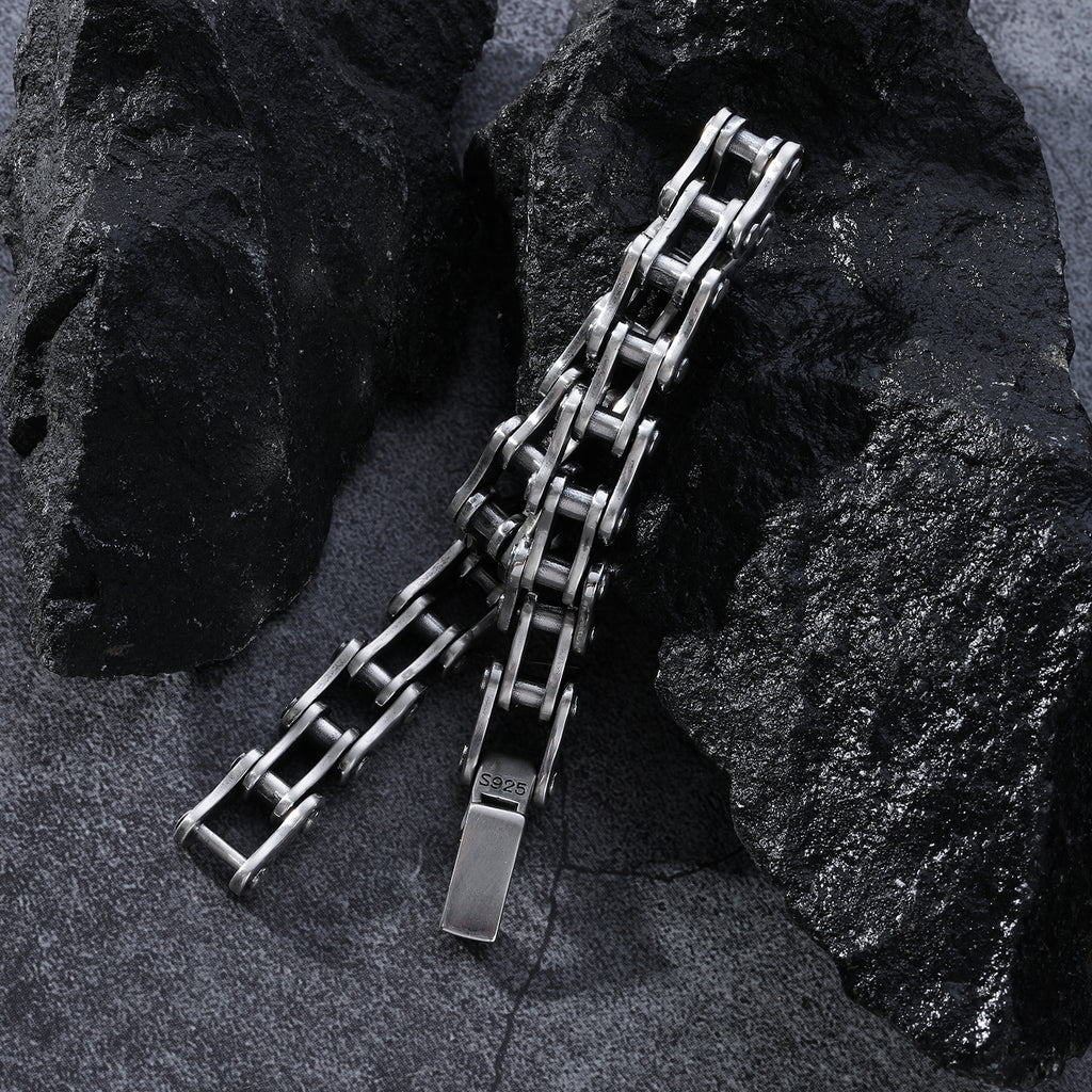 Sterling Silver Bike Chain Bracelet Side View - Hidden Safety Clasp