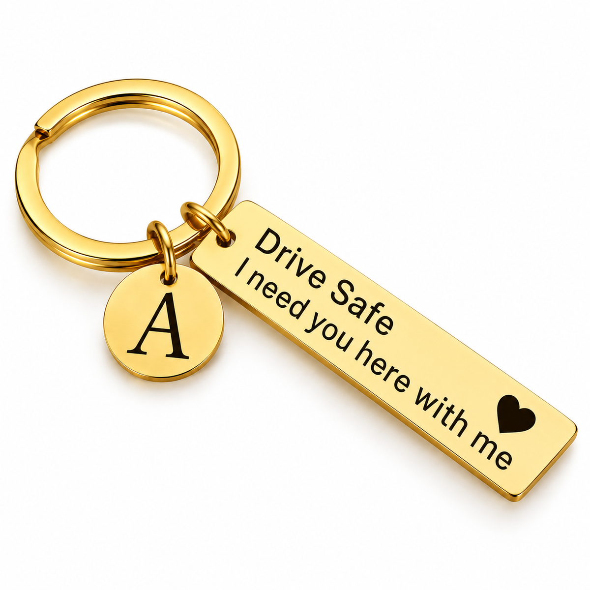 Gold-colour Drive Safe keyring with letter A charm