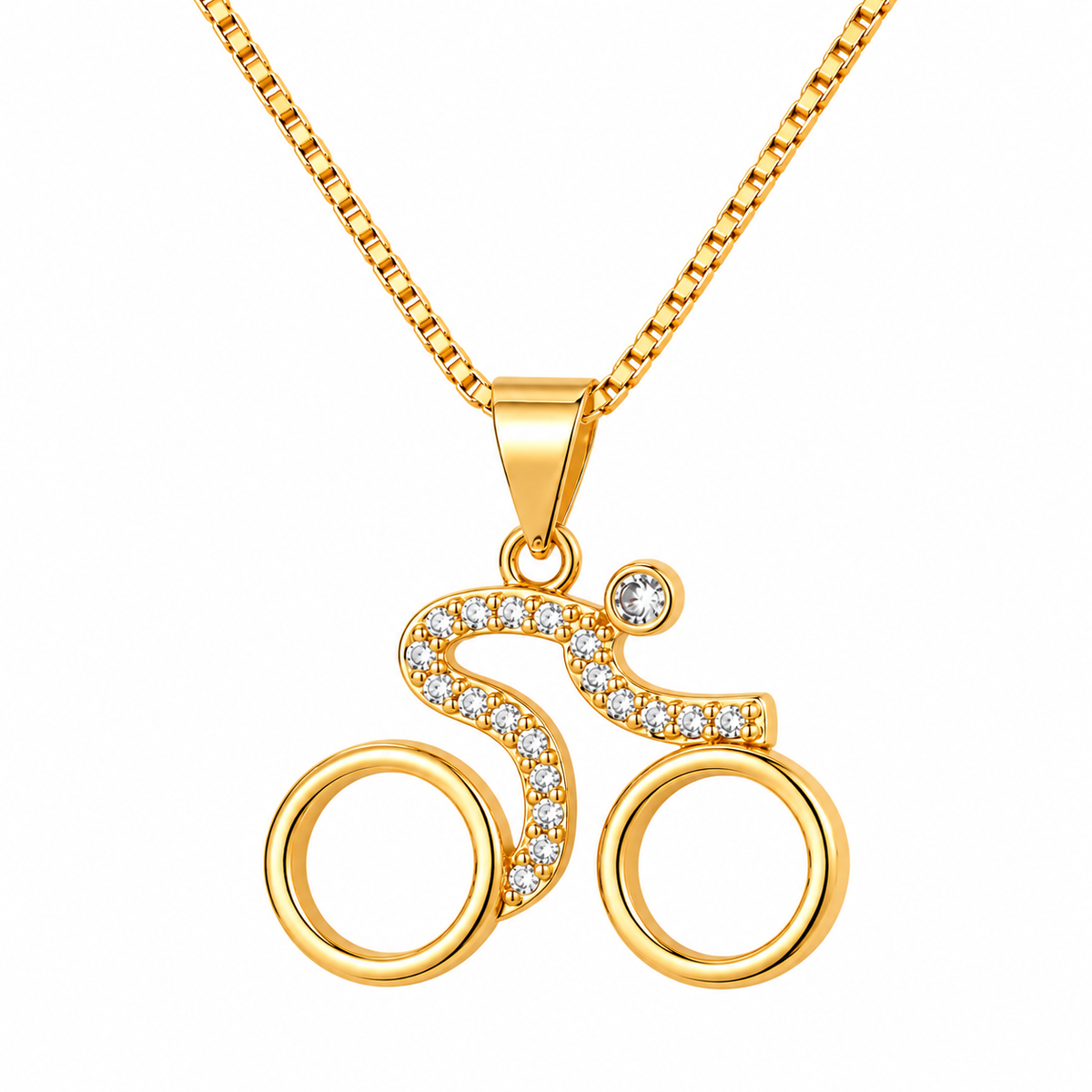 Gold-colour Velorosa road bicycle pendant necklace with sparkling stones