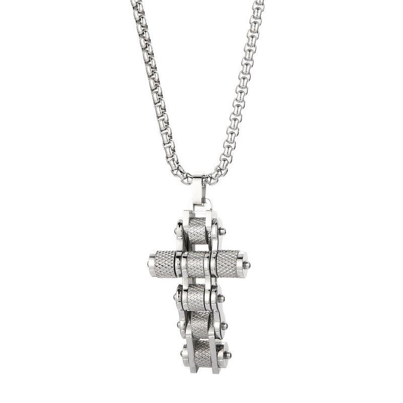 Steel Bike Chain Cross Necklace in Silver colour
