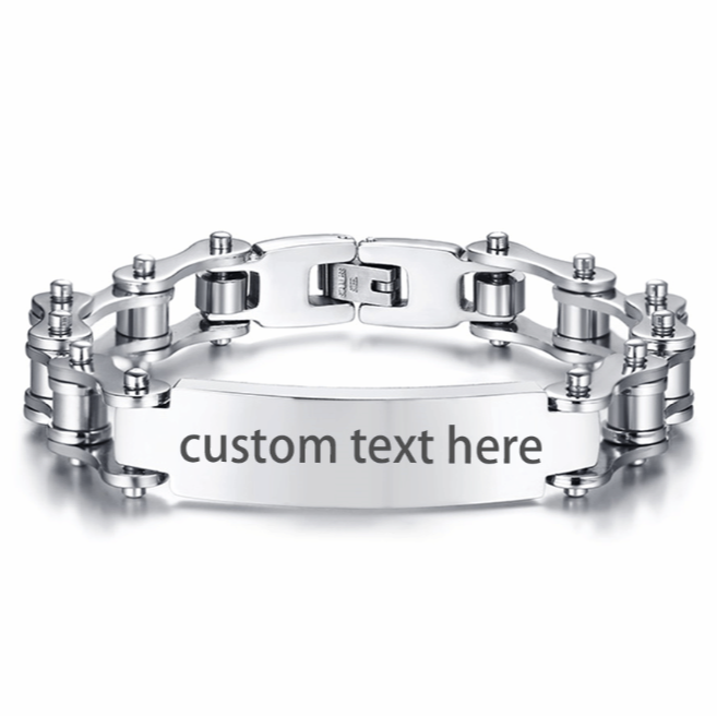 Silver chain bracelet with customizable text on a white background