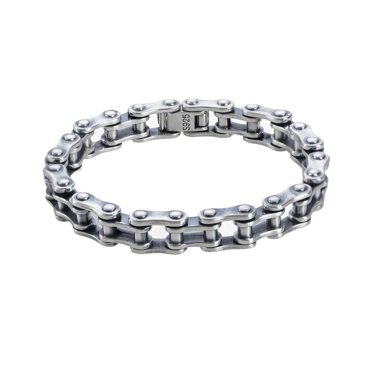 Classic 10mm silver-plated bike chain bracelet on a white background