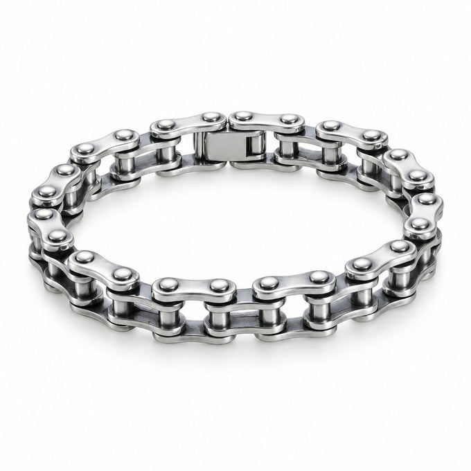 Classic Silver-Plated Bike Chain Bracelet – 10mm, enhanced complete bracelet studio photograph on a white background