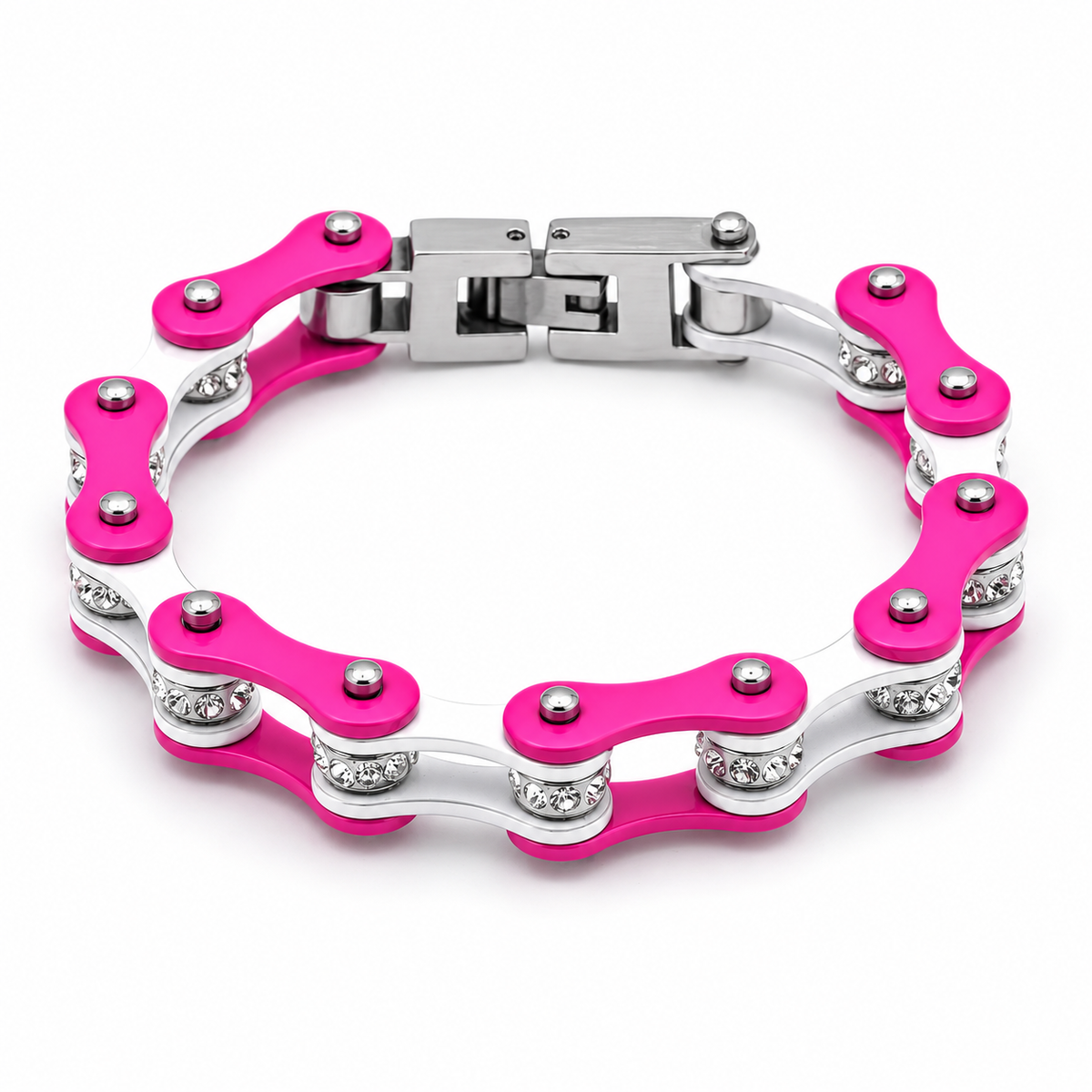 Bright Pink & Silver Bike Chain Bracelet – 10mm (Crystal or Plain) — enhanced studio product view
