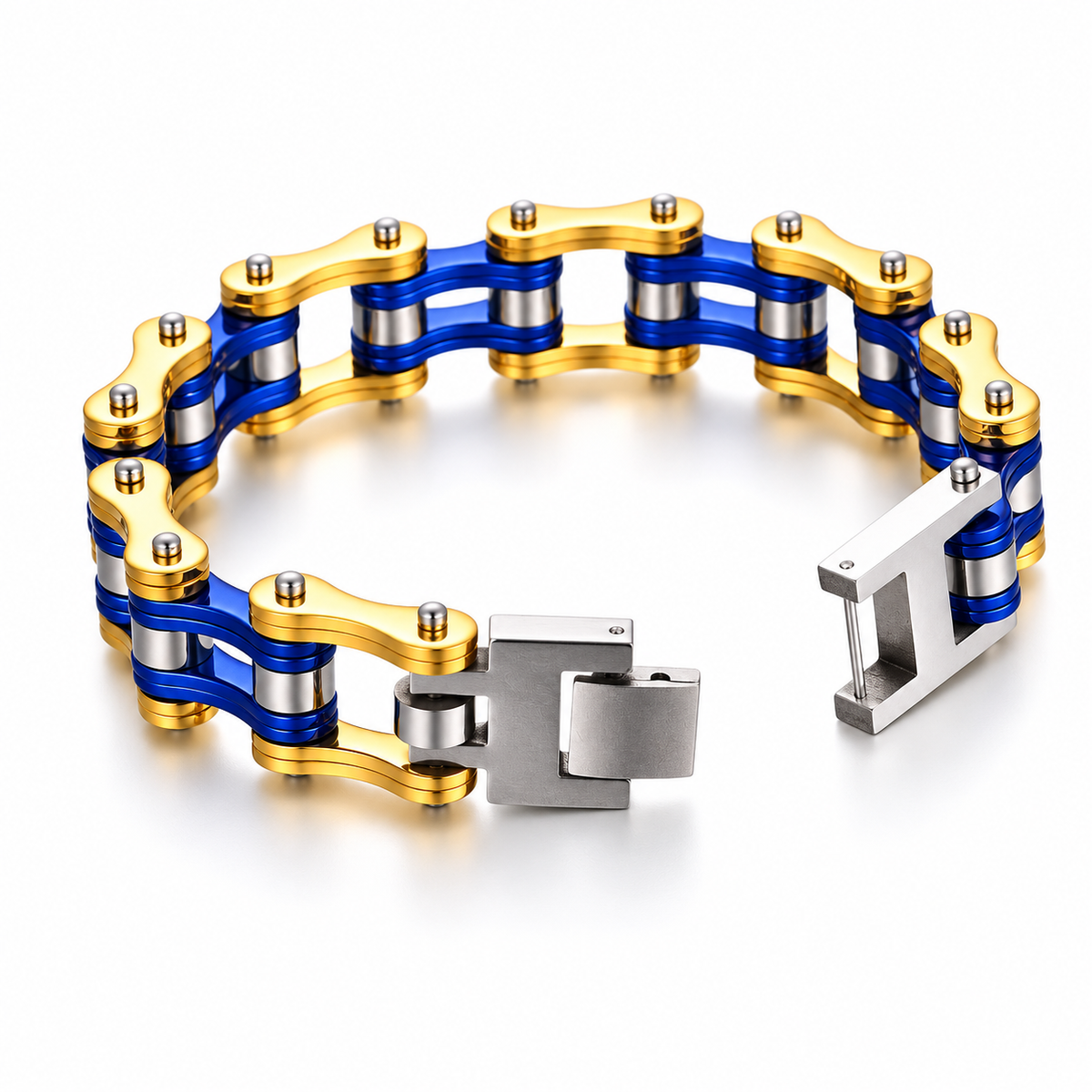 Gold & Candy Blue Bike Chain Bracelet – 16mm — product view