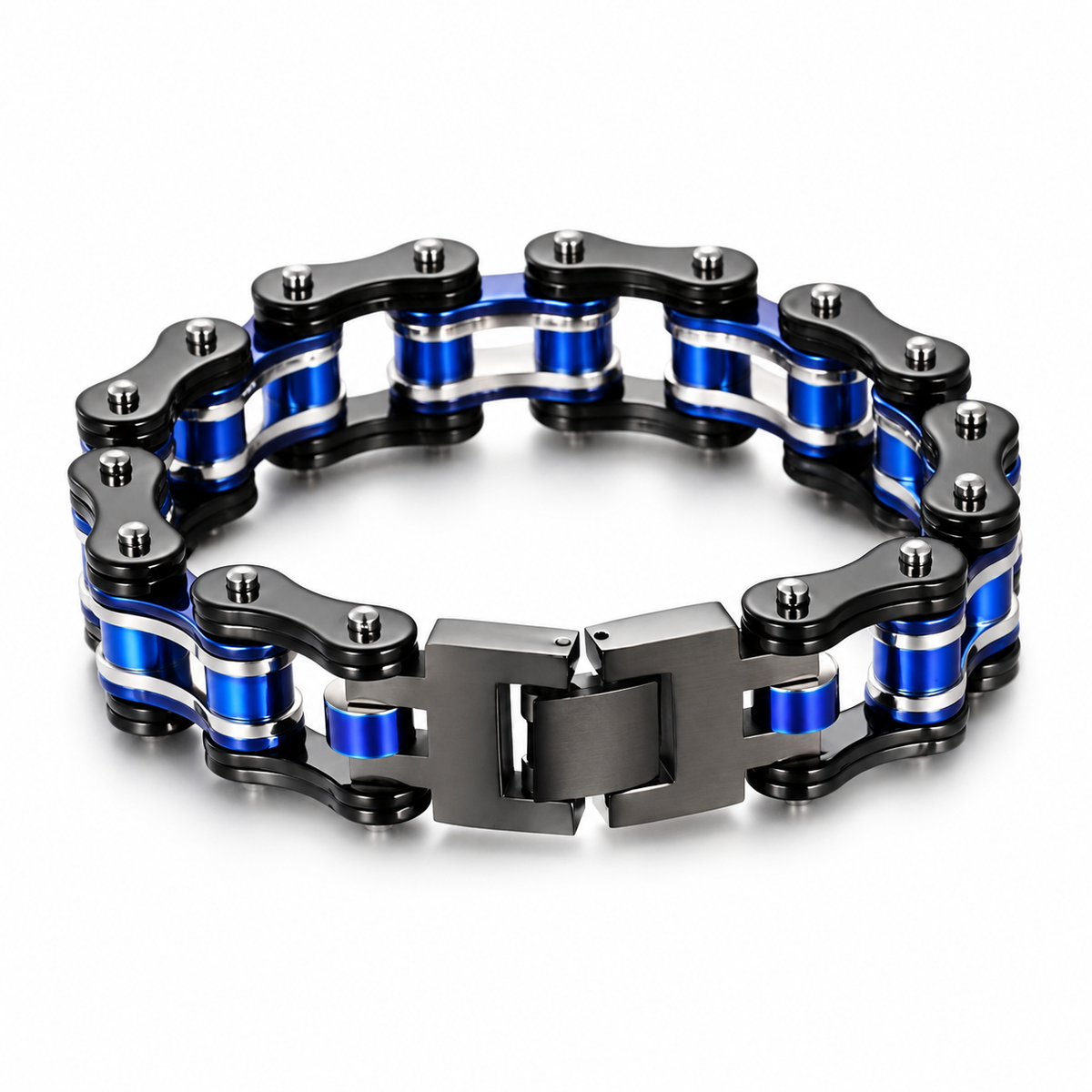 Black, Silver & Blue Bike Chain Bracelet – 16mm — product view