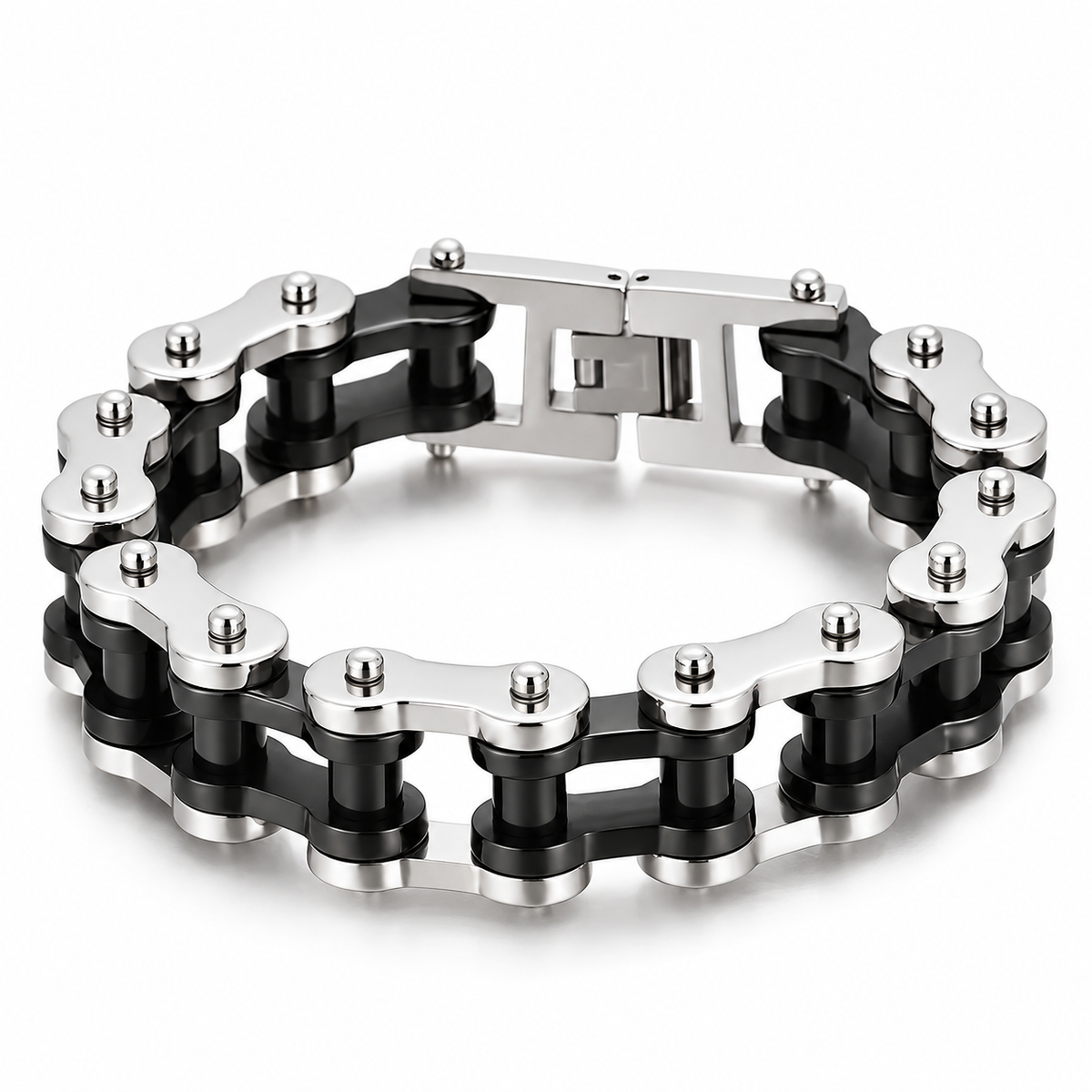 Two-Tone Beast Bike Chain Bracelet – 22mm in Silver & Black on a white background