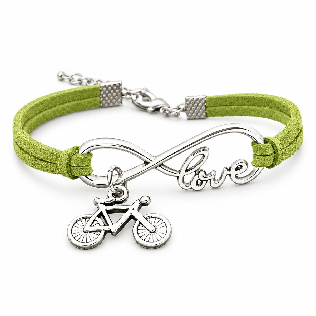 Handmade Bicycle Love Bracelet in Green on a white background