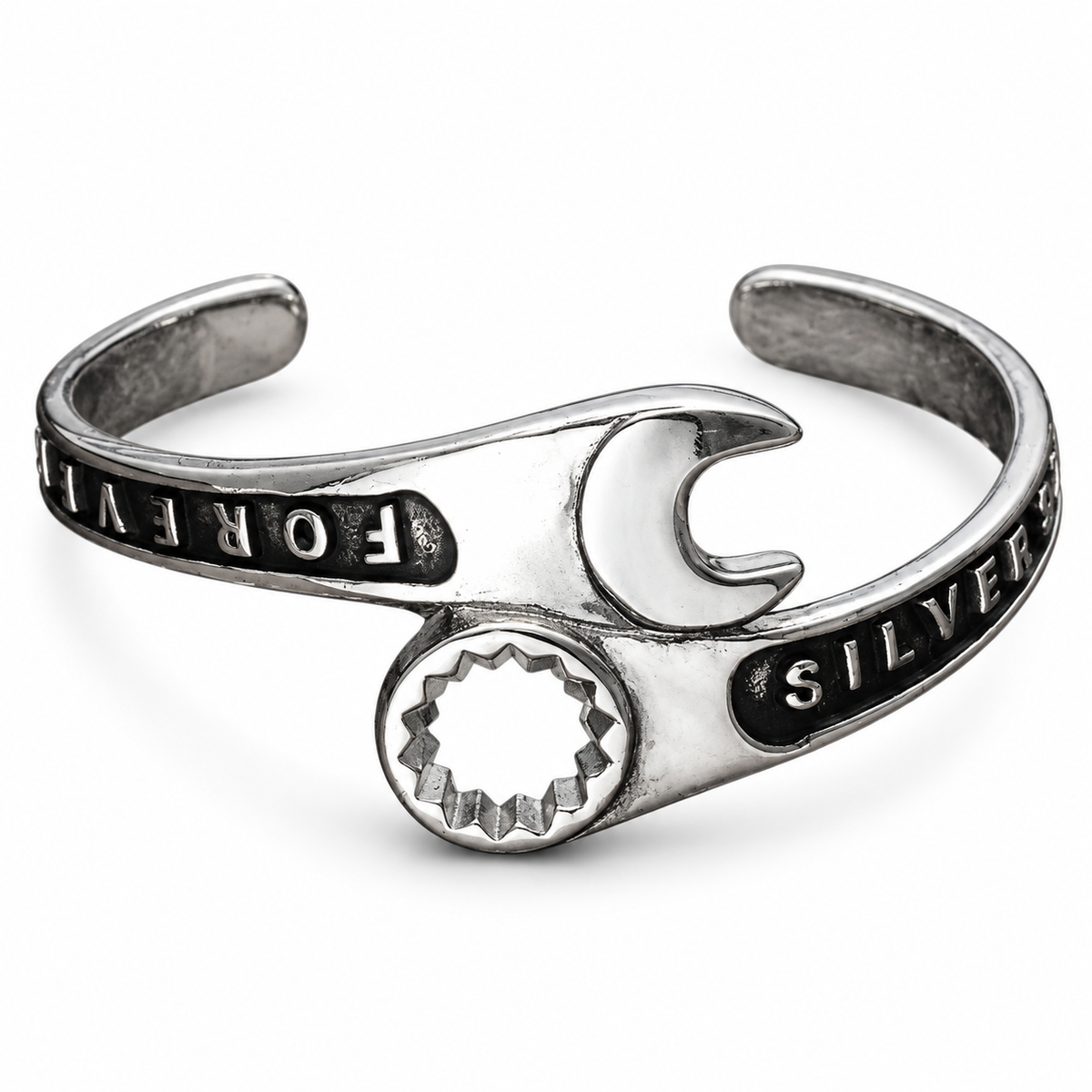 Adjustable Stainless Steel Wrench Cuff Bracelet — silver wrench cuff showing wrench ends and engraved lettering, on a white background