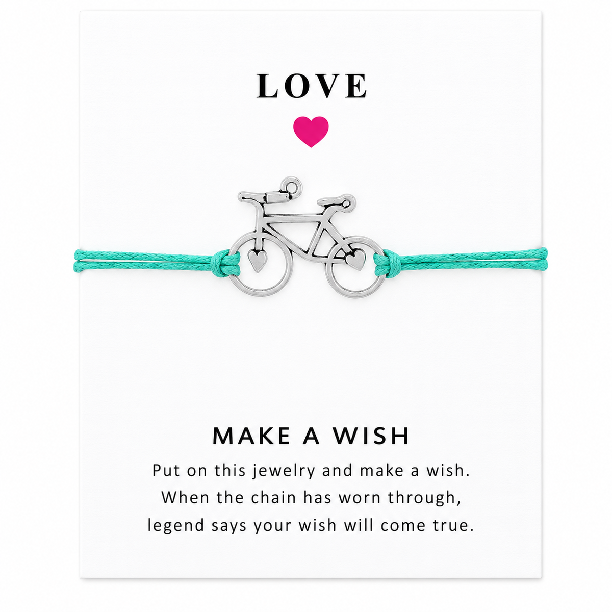 Bicycle Wish Bracelet – Adjustable — green cord and silver bicycle charm on a Make a Wish gift card, on a white background