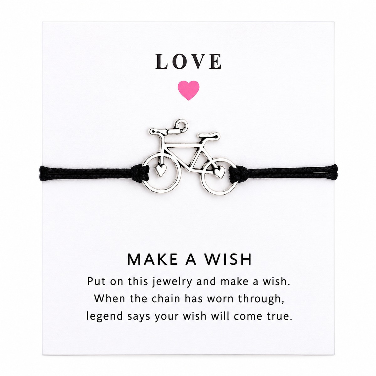 Bicycle Wish Bracelet – Adjustable — black cord and silver bicycle charm on a Make a Wish gift card, on a white background