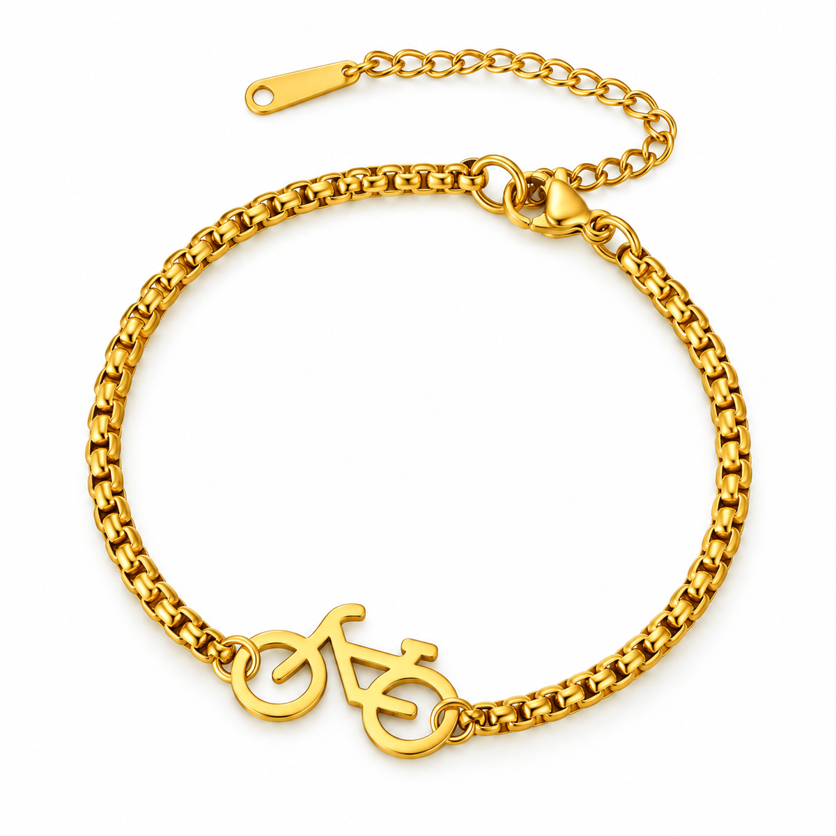 Rope Chain Bicycle Pendant Bracelet — gold finish arranged in a circle with extender, on a white background