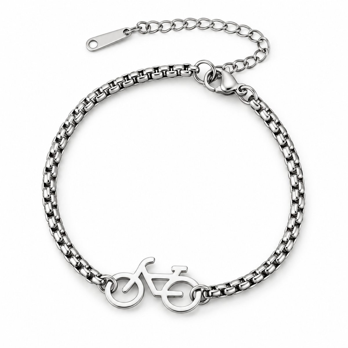 Rope Chain Bicycle Pendant Bracelet — silver finish arranged in a circle with extender, on a white background