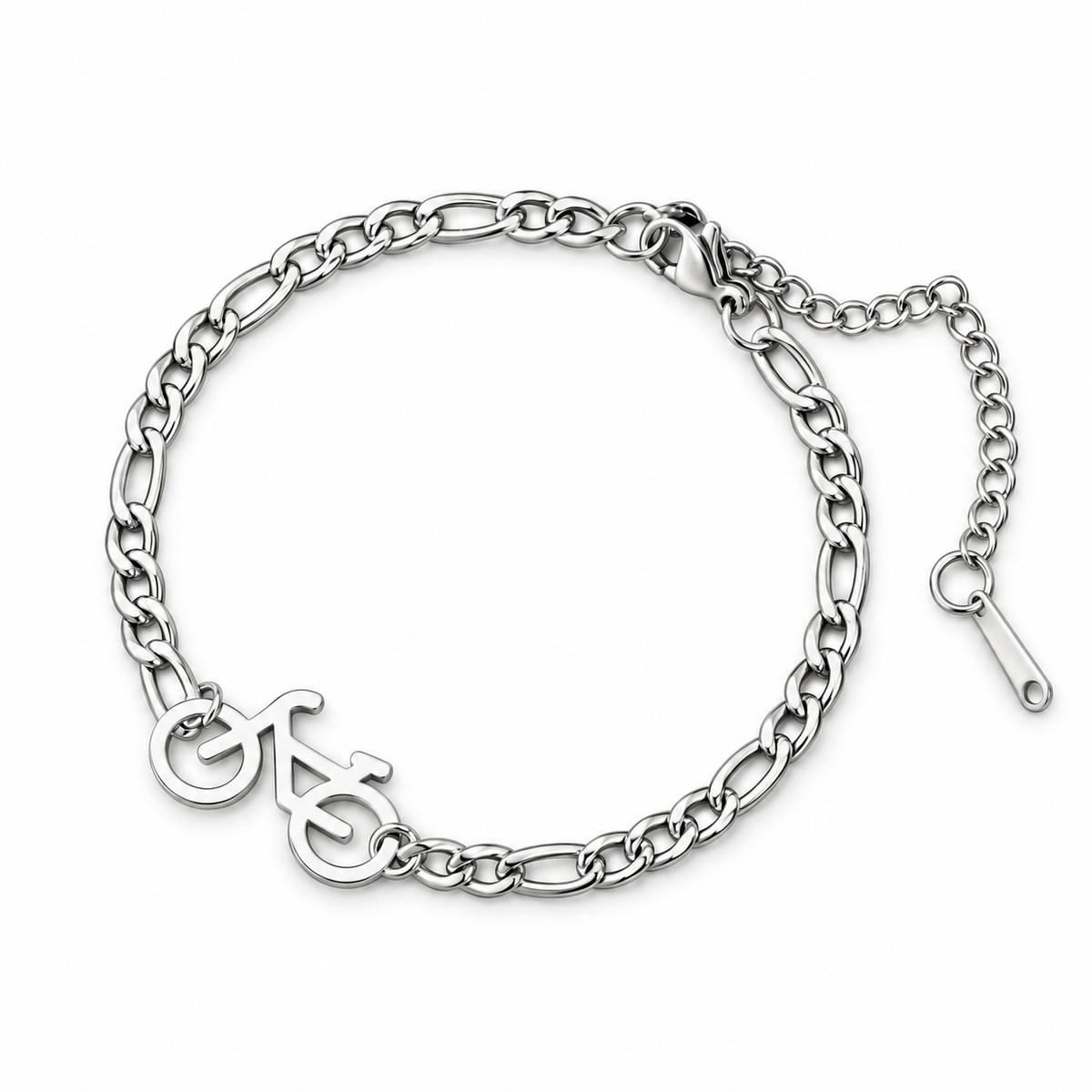 Figaro Chain Bicycle Pendant Bracelet — silver finish arranged in a circle, on a white background