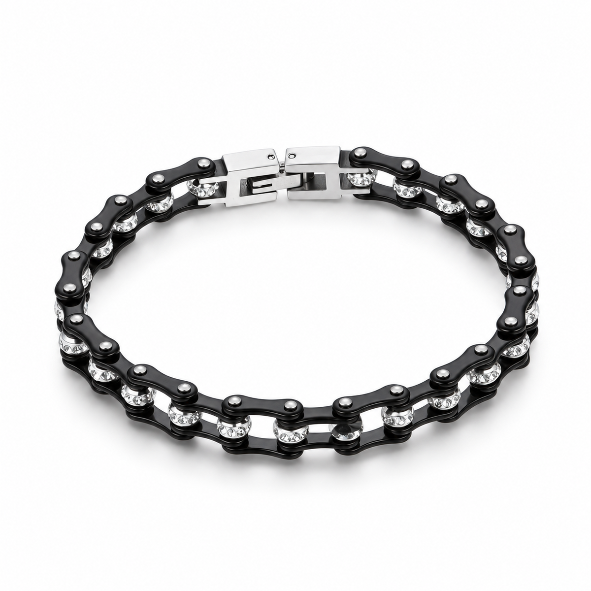 Black Crystal Bike Chain Bracelet – 7mm, complete bracelet on a white background