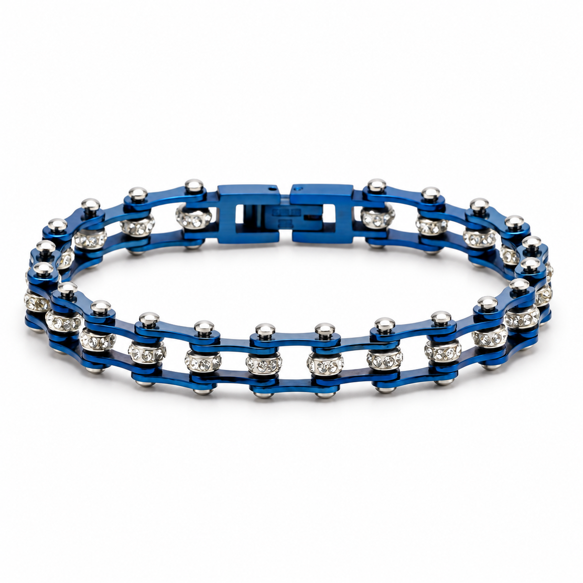 Blue Crystal Bike Chain Bracelet – 7mm, complete bracelet on a white background