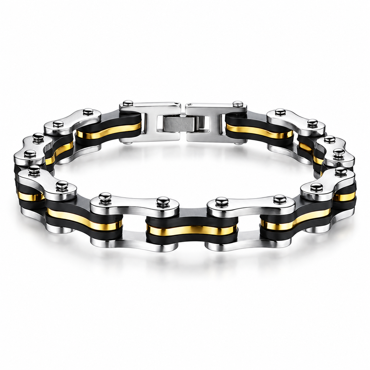 Classic Chain Bracelet with gold accent stripes, black inner links and silver outer plates