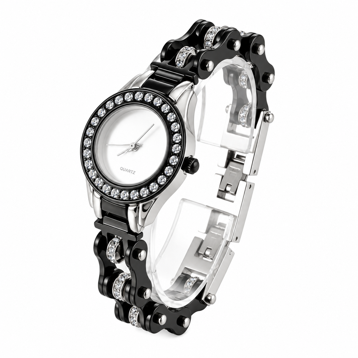 Black Crystal Bike Chain Quartz Watch with CZ stones and polished silver inner links