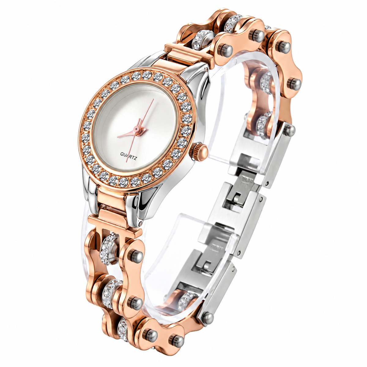 Rose Gold Crystal Bike Chain Quartz Watch with CZ stones, silver inner links and hidden clasp