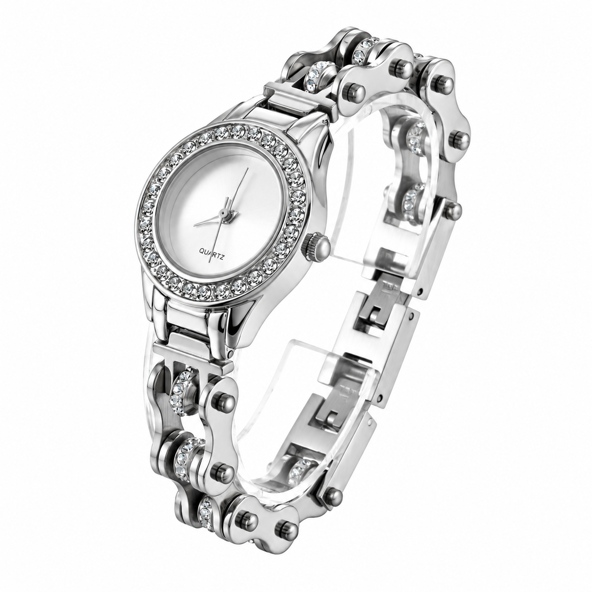 Silver Crystal Bike Chain Quartz Watch with polished stainless steel links and CZ stone details