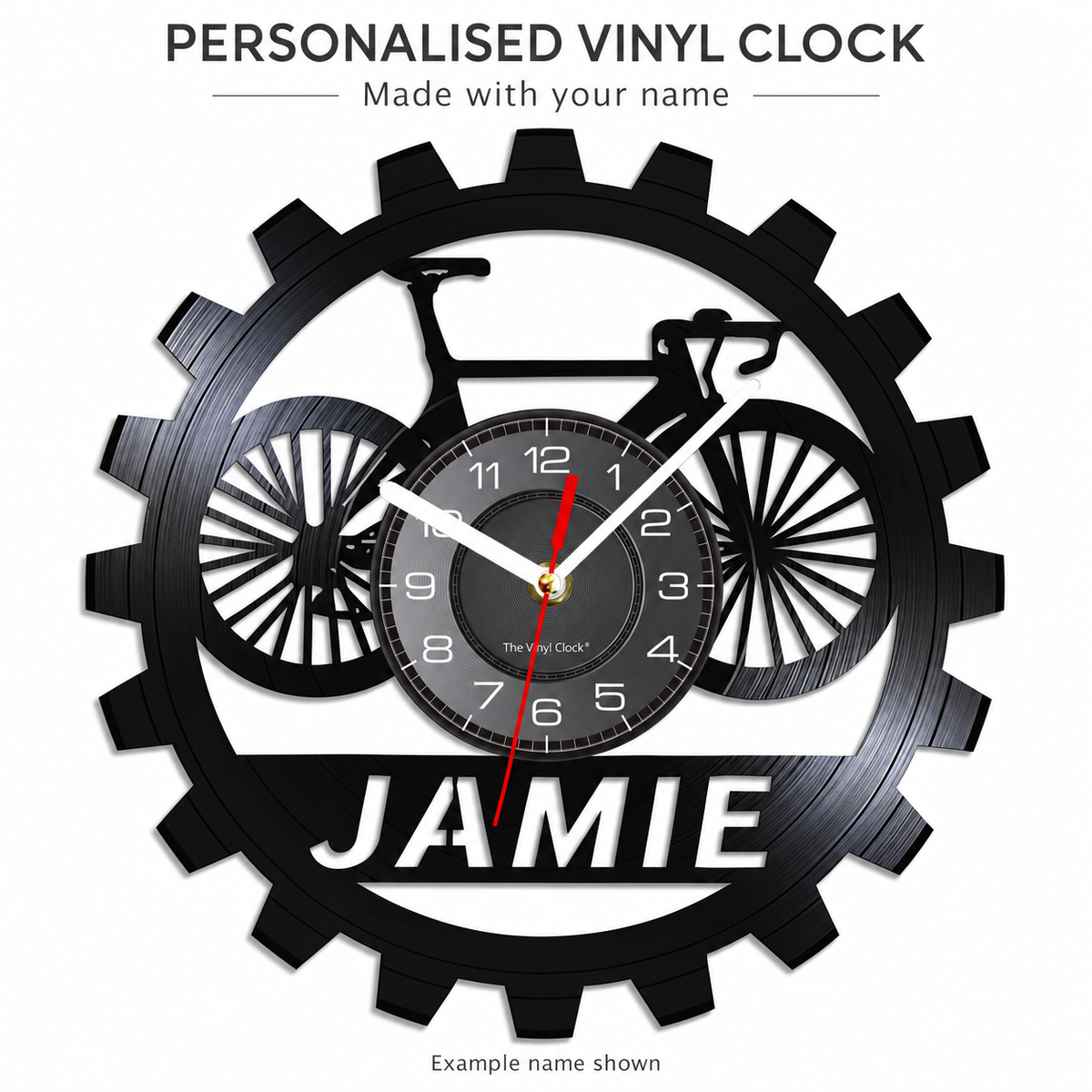 Cycolinks personalised vinyl road bicycle with drop handlebars wall clock with example name JAMIE; made with your chosen name.