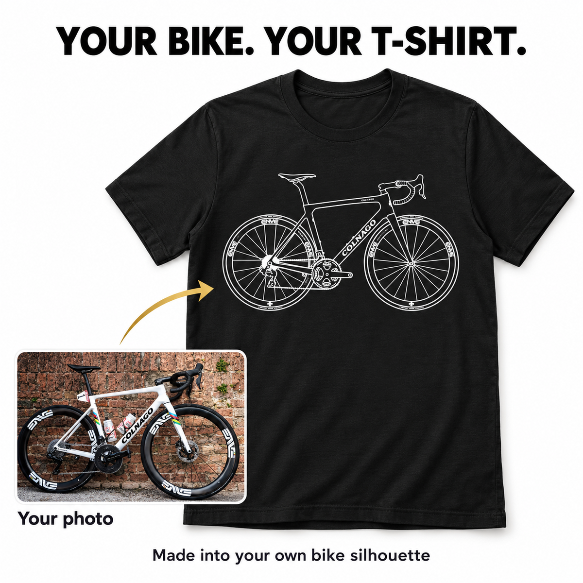 Custom bike silhouette T-shirt in black, showing a customer's bicycle photo transformed into matching white bike artwork.
