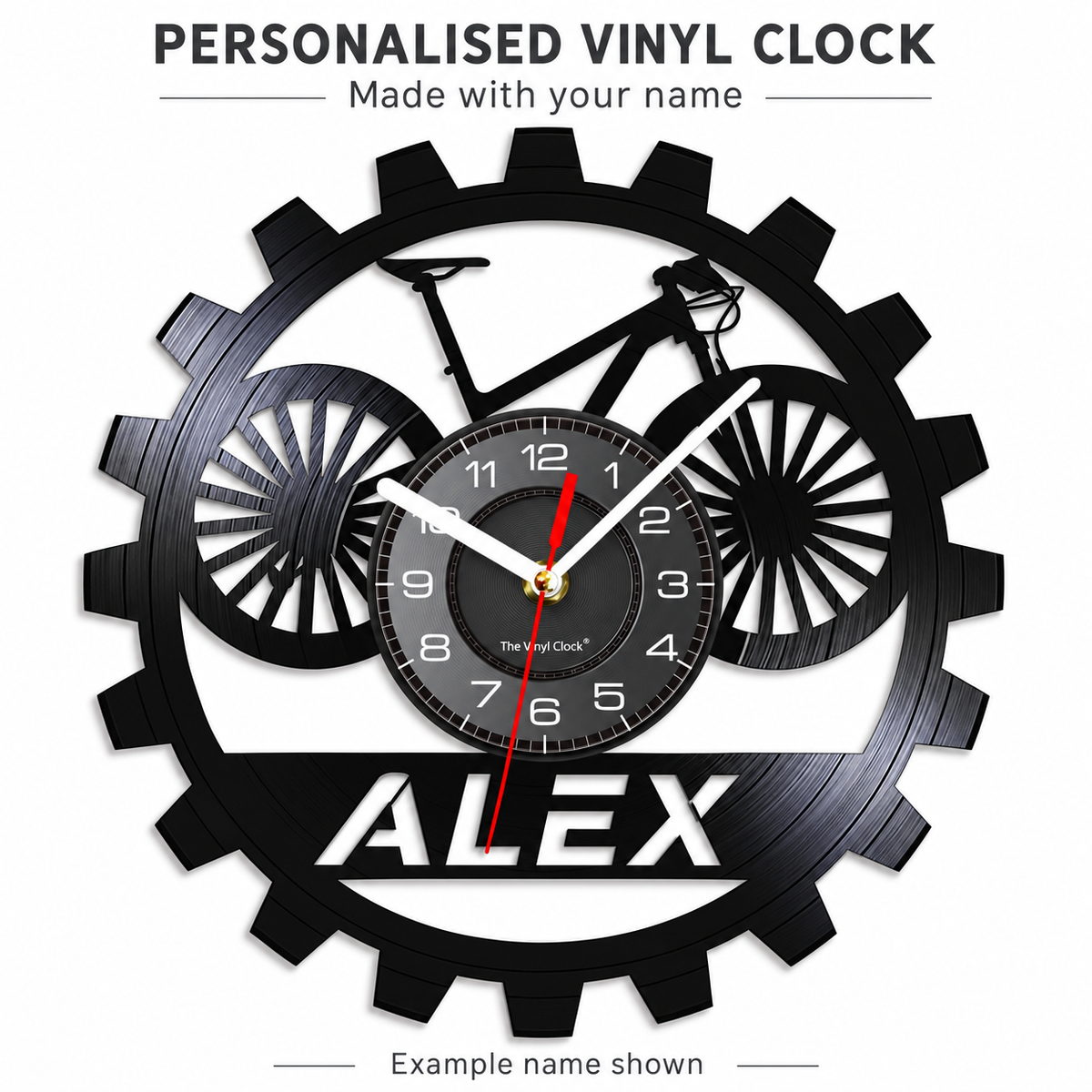 Cycolinks personalised vinyl mountain bike with flat handlebars wall clock with example name ALEX; made with your chosen name.