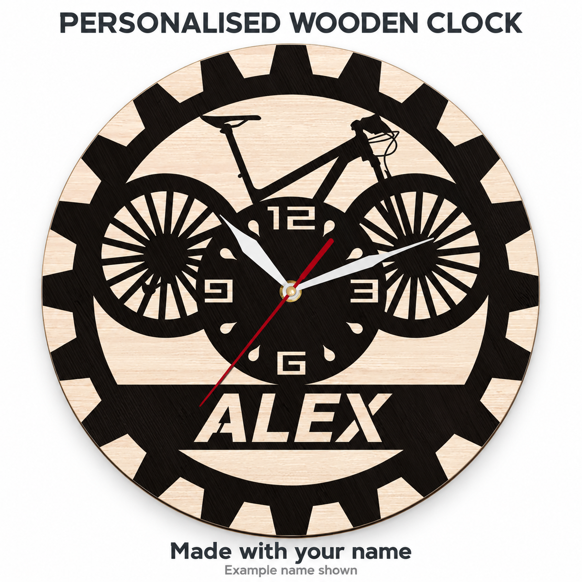 Cycolinks personalised wooden mountain bike within round gear-pattern wooden disc wall clock with example name ALEX; made with your chosen name.