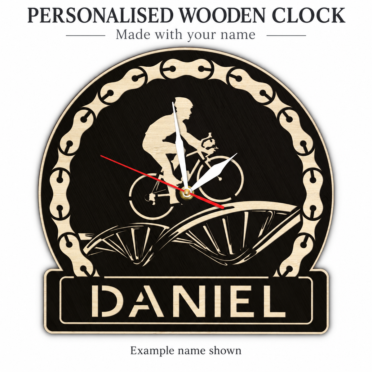 Cycolinks personalised wooden road cyclist above the wheel/chain motif with rectangular lower name plaque wall clock with example name DANIEL; made with your chosen name.