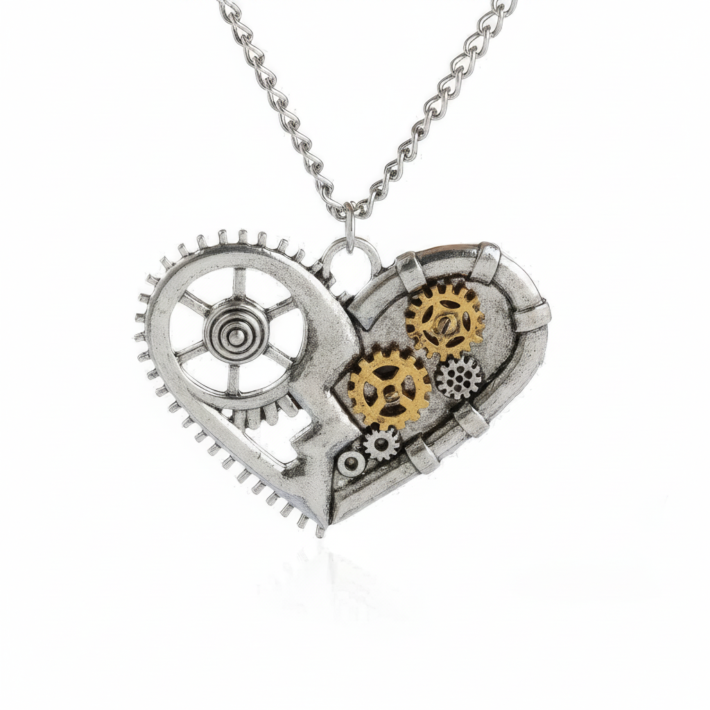 Heart-shaped pendant with gears on a chain against a white background