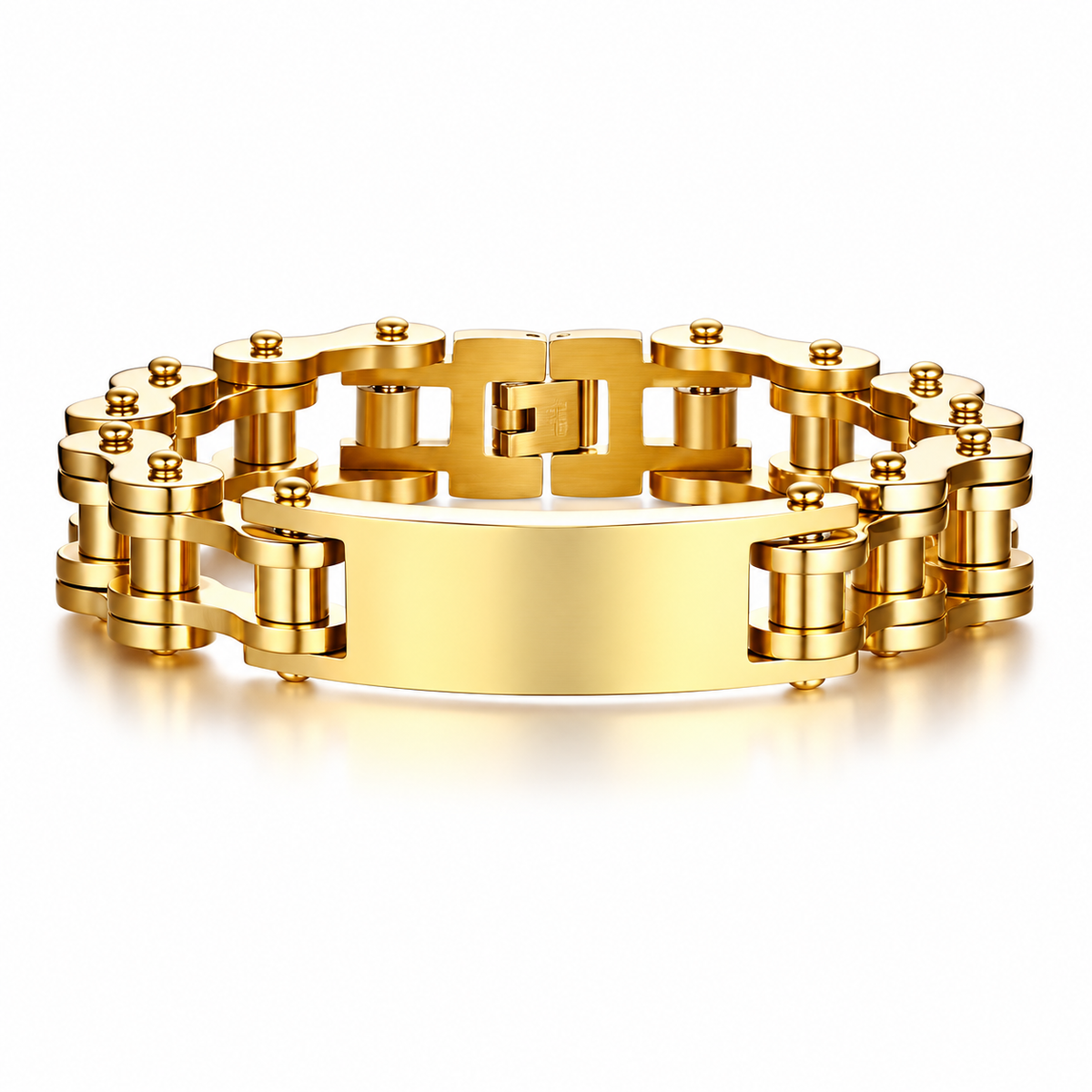 Cycolinks Personalised Gold Men's Bike Chain Bracelet – clean product view with blank engraving plate