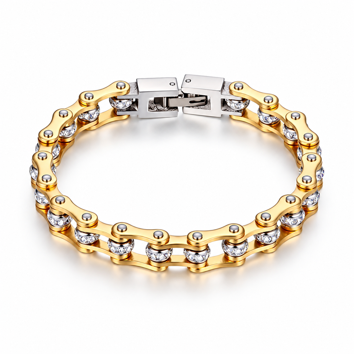 Gold Crystal Bike Chain Bracelet – 7mm, complete bracelet on a white background