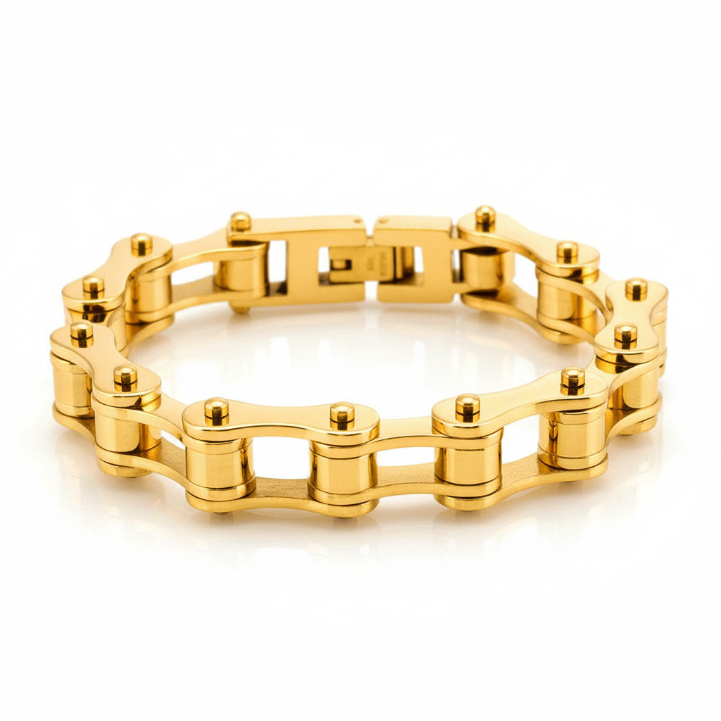 Gold bike chain bracelet on a white background