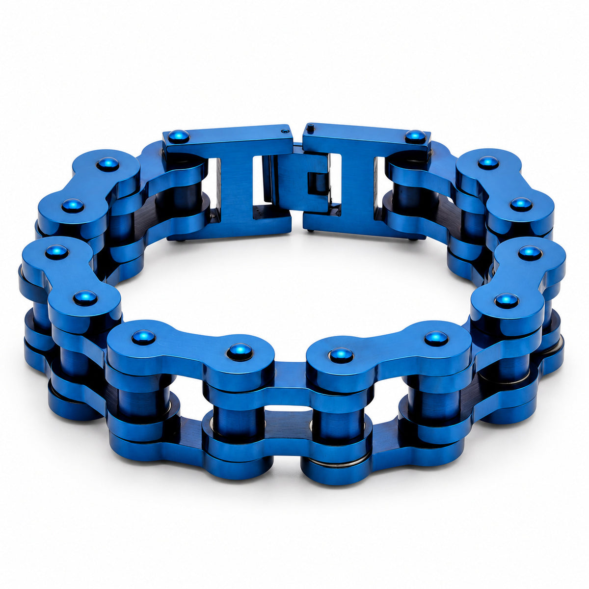 Heavy-Duty 22mm bike chain bracelet in blue showing its roller links and box clasp on a white background