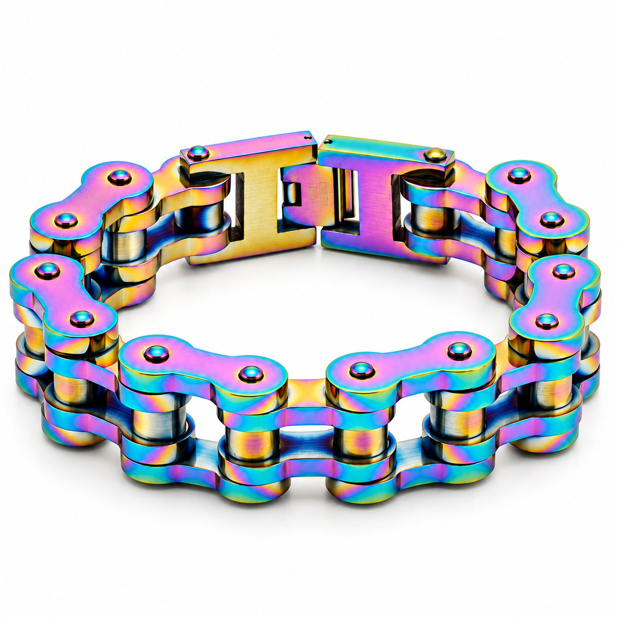 Heavy-Duty 22mm bike chain bracelet in rainbow showing its roller links and box clasp on a white background