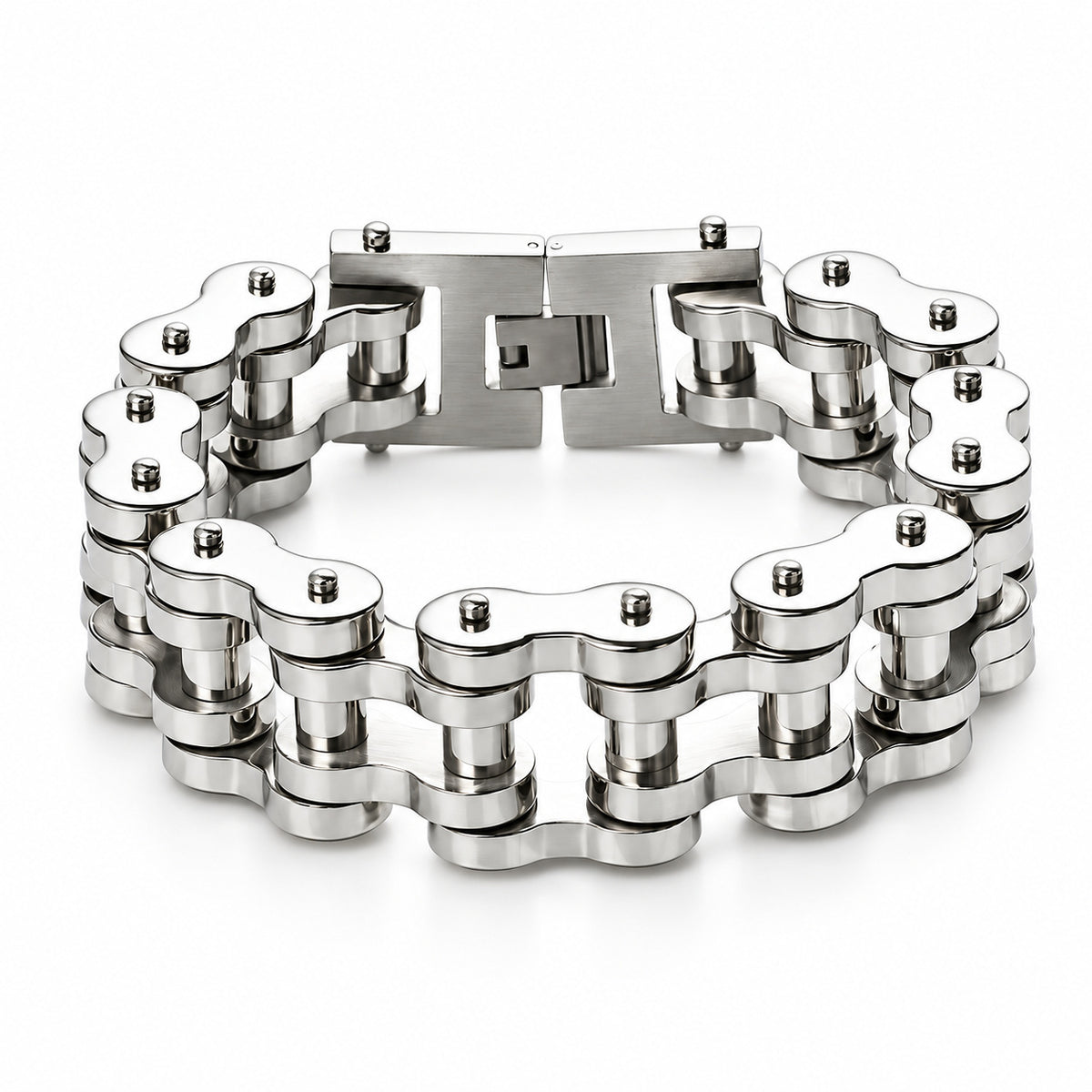 Heavy-Duty 22mm bike chain bracelet in silver showing its roller links and box clasp on a white background