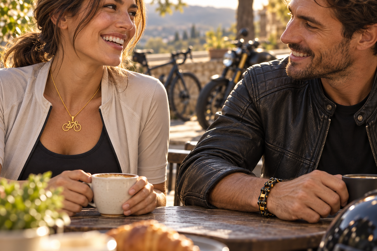 Cyclist wearing a gold road bike necklace beside a motorbike rider wearing a black and gold bike chain bracelet at a cafe.