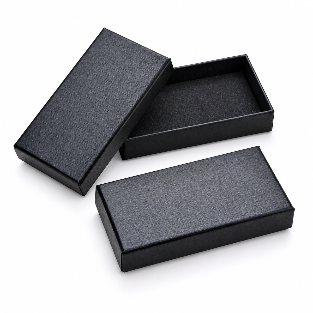 Plain black unbranded mini keyring gift box, approximately 90 by 45 by 18 millimetres