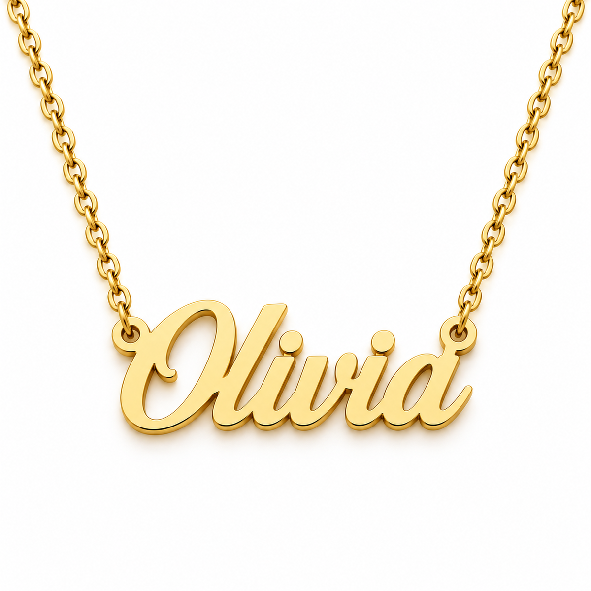 Gold personalised name necklace with Olivia script lettering on white background