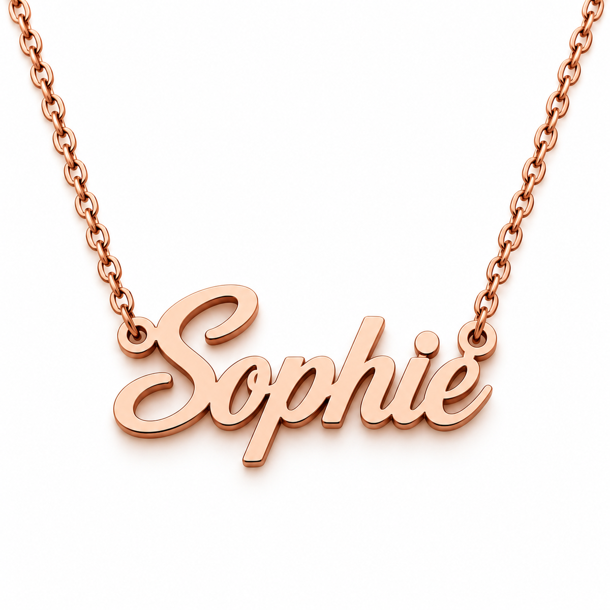 Rose gold personalised name necklace with Sophie script lettering on white background