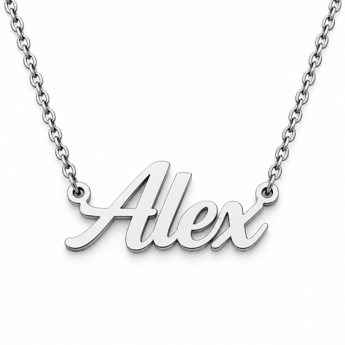 Silver personalised name necklace with Alex script lettering on white background