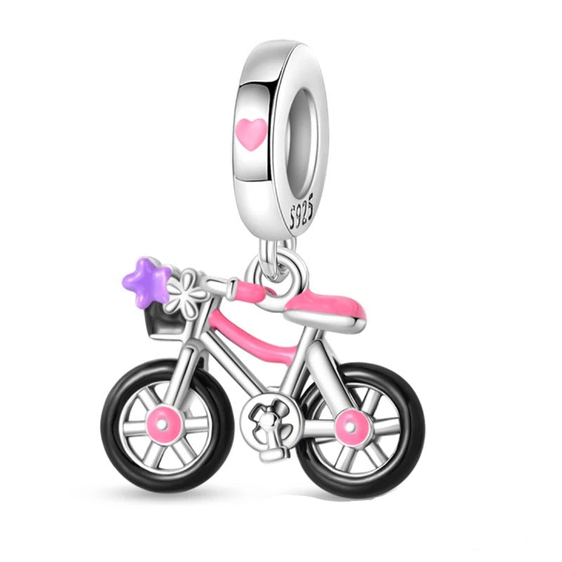 Cycolinks Pink Heart Bicycle Charm in 925 sterling silver with pink enamel heart and bicycle design