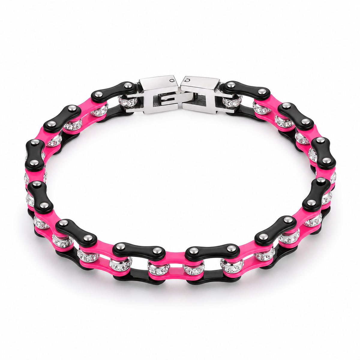 Punk Pink Crystal Bike Chain Bracelet – 7mm, complete bracelet on a white background