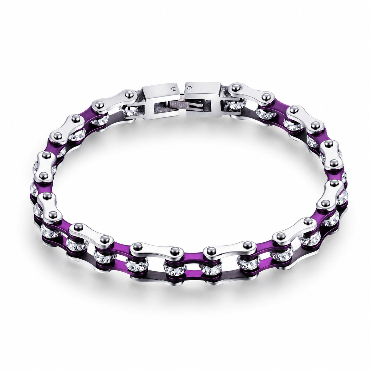 Punk Purple Crystal Bike Chain Bracelet – 7mm, complete bracelet on a white background