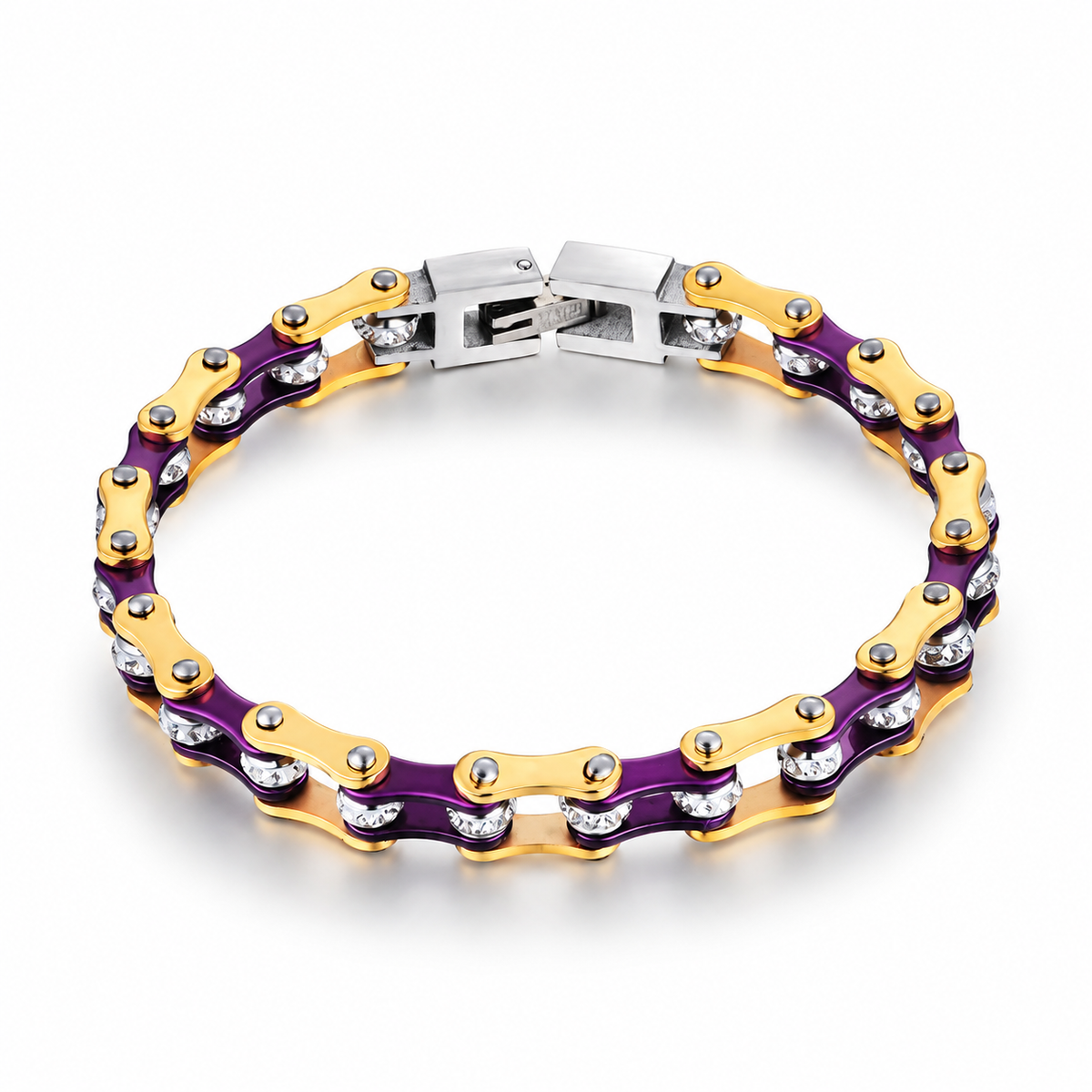 Purple Gold Crystal Bike Chain Bracelet – 7mm, complete bracelet on a white background