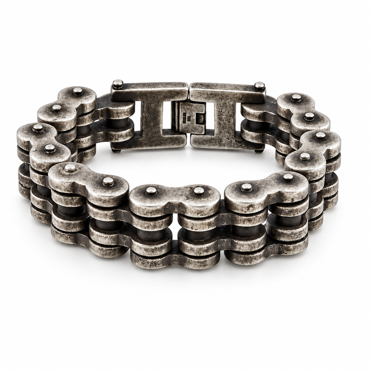 Retro Rustic Silver 22mm bike chain bracelet with aged silver links and dark rollers on a white background