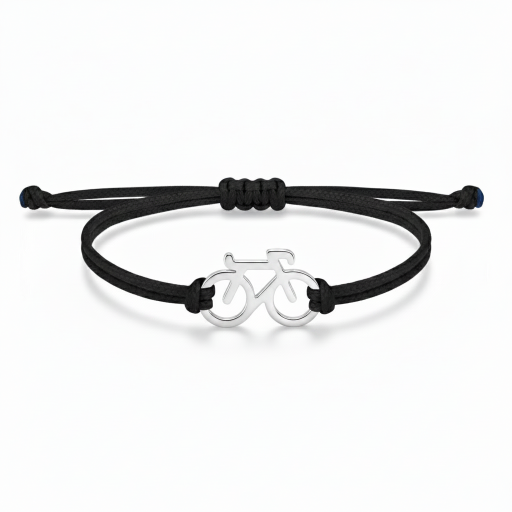 Black cord bracelet with a silver bicycle charm on a white background