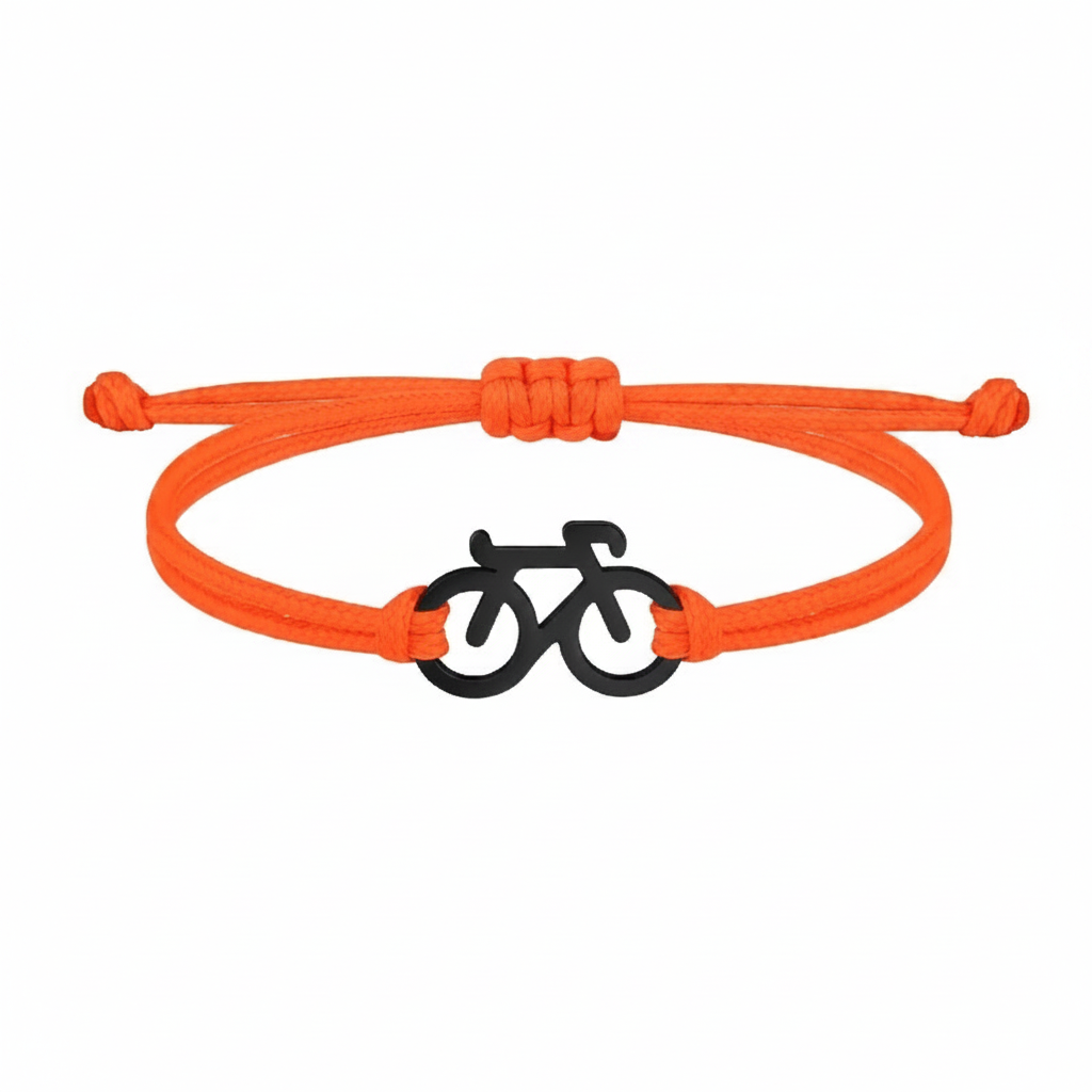 Orange bracelet with a black bicycle symbol on a white background