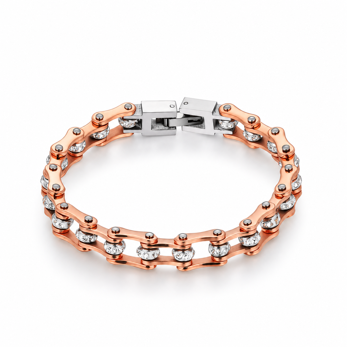 Rose Gold Crystal Bike Chain Bracelet – 7mm, complete bracelet on a white background